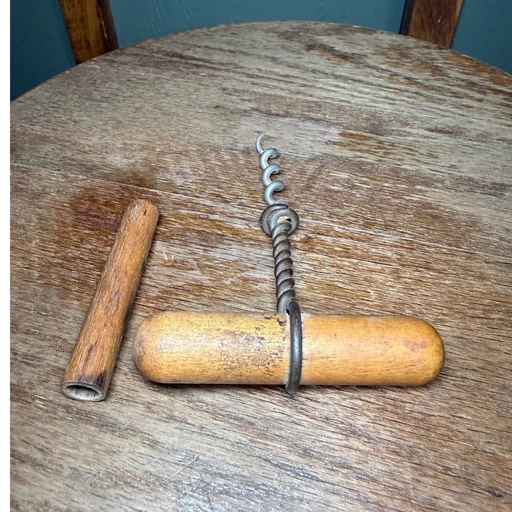 Antique Primitive Wooden T Handle Corkscrew with Sheath Twisted Wire Steel Worm